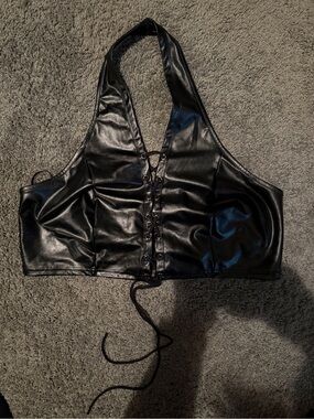 SHEIN Black Faux Leather Curve Halter Lace-Up Crop Top